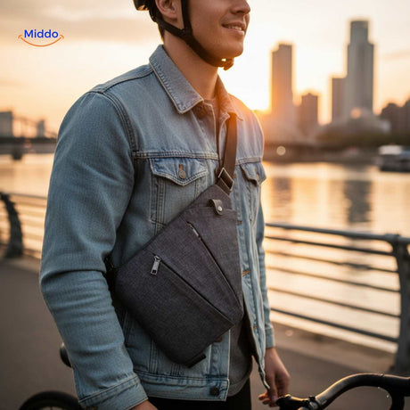Man with gray sling bag standing at waterfront destination.
