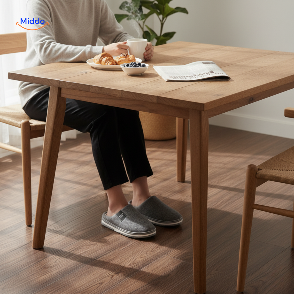 Cozy morning breakfast scene featuring soft cotton slippers.