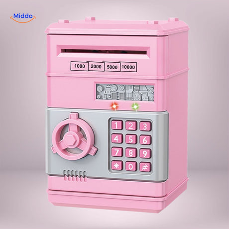 Smart ATM savings machine in classic black and silver design with secure PIN lock.