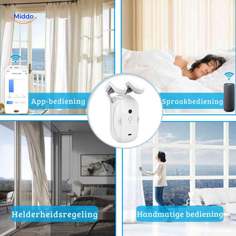 Smart curtain motor with smartphone app, voice control, and manual operation.