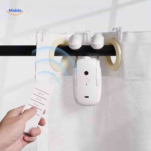Smart curtain motor with remote control for open, stop, and close operation.