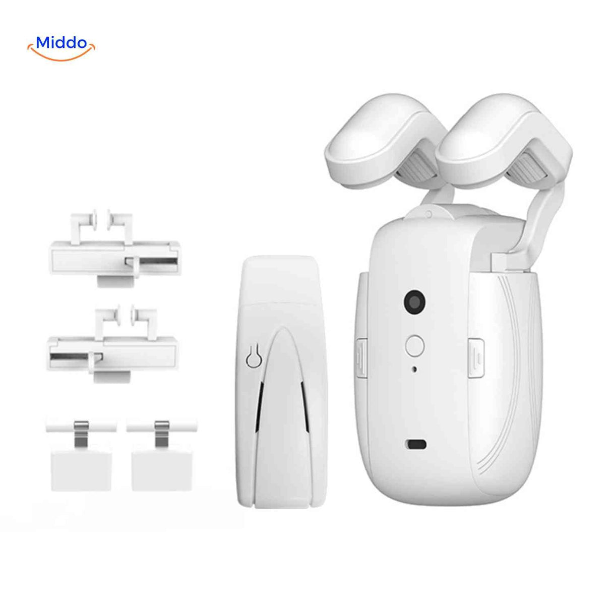 Smart motor including sleek remote and curtain rail adapters.