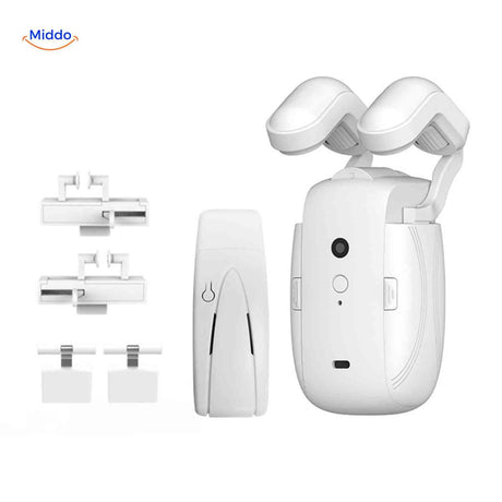 Smart motor including sleek remote and curtain rail adapters.