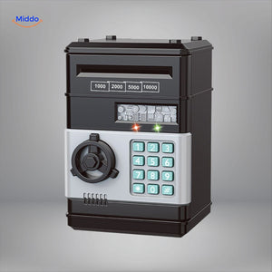 Blue and white smart piggy bank ATM with digital PIN code entry system.