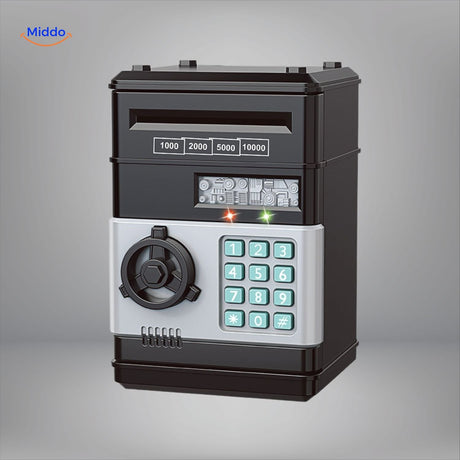 Blue and white smart piggy bank ATM with digital PIN code entry system.