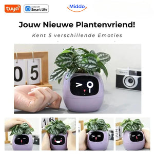 Interactive smart planter showing five different emotion expressions for plant mood feedback.