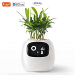 Compact white smart self-watering planter with app-connected automatic care features.