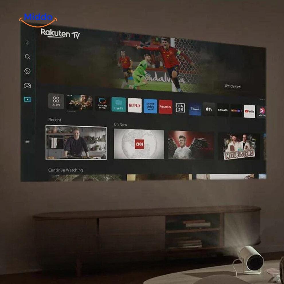 Smart projector creating entertainment experience with premium streaming and 4000 compatible apps.