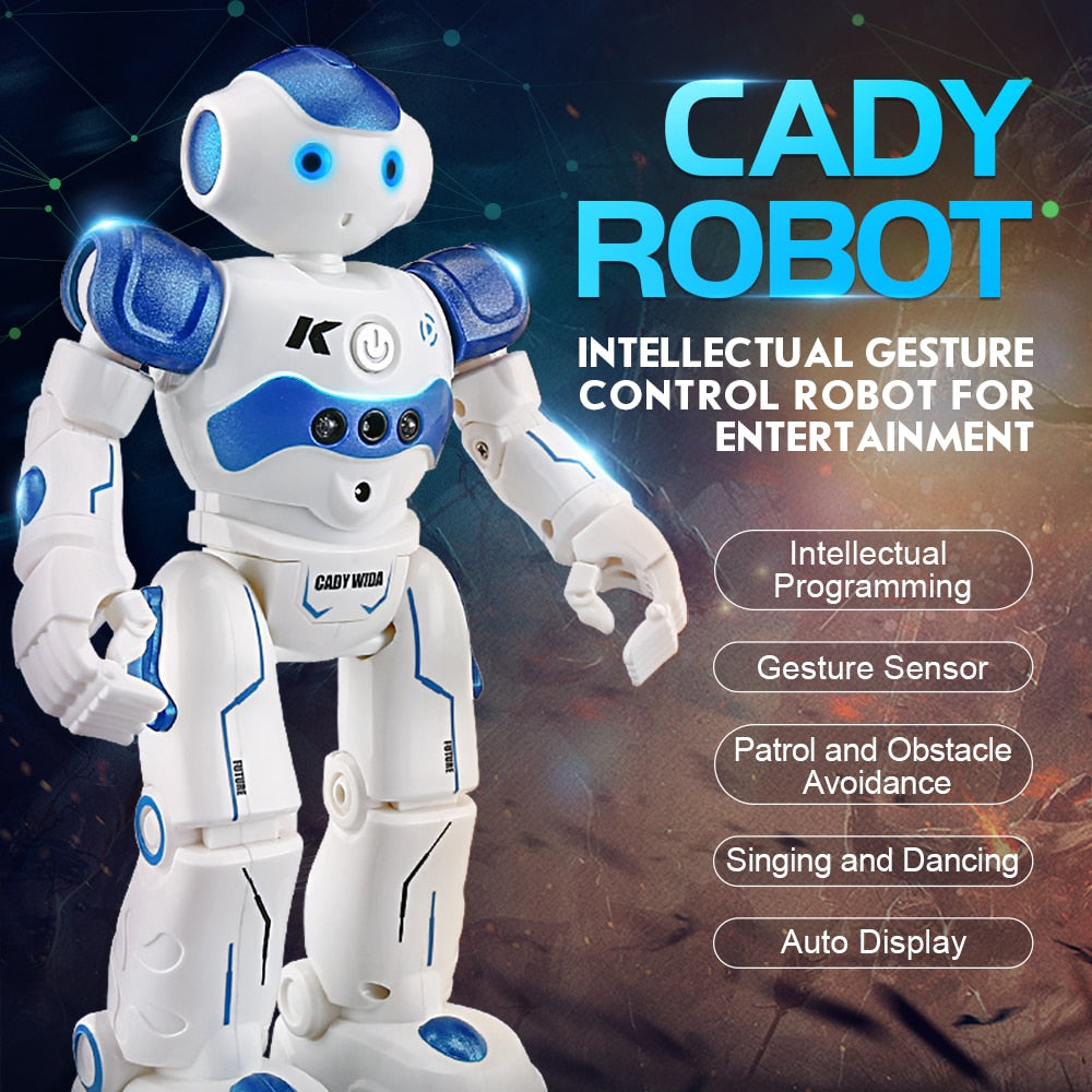 Blue smart robot with gesture and voice control features for children.