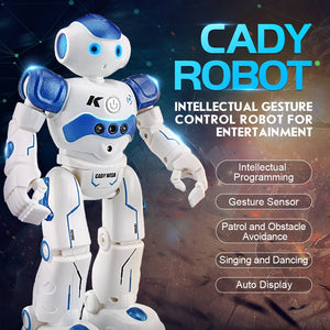 Blue smart robot with gesture and voice control features for children.