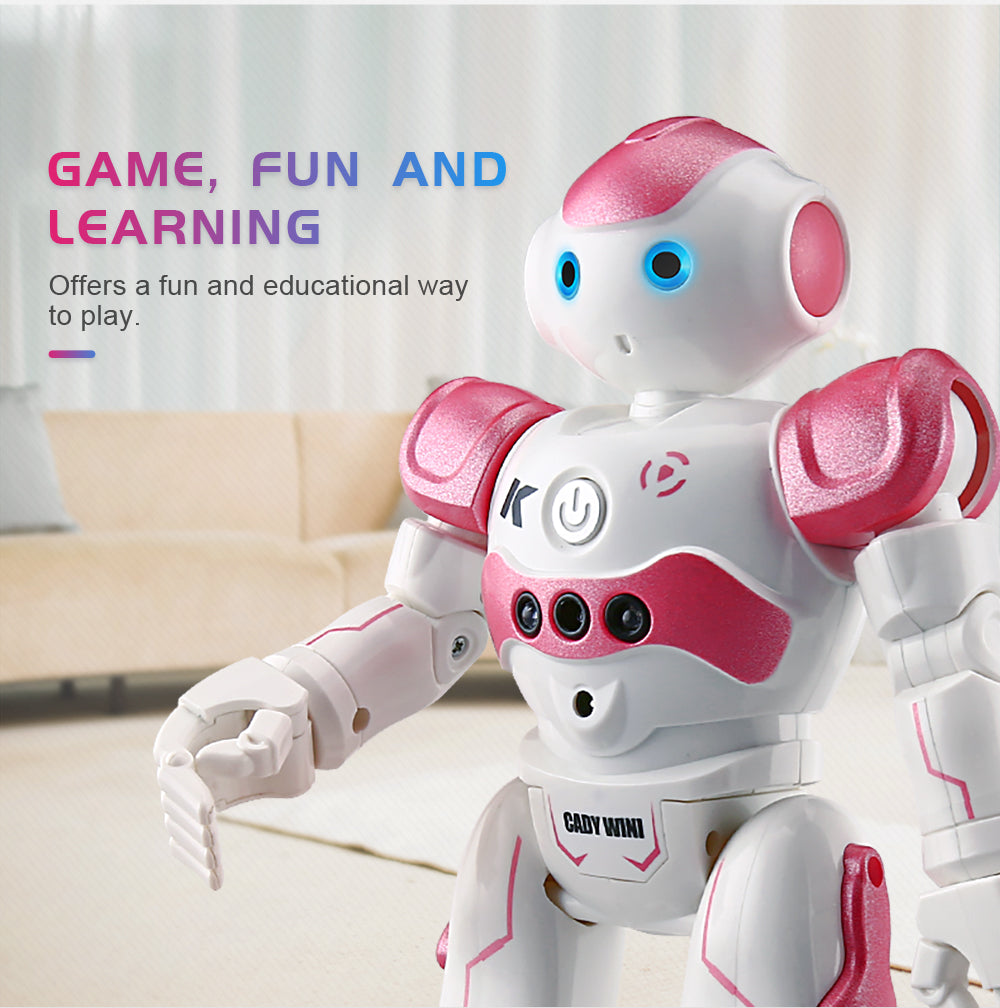 Pink smart robot designed for kids with interactive gesture controls.