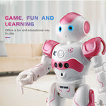 Pink smart robot designed for kids with interactive gesture controls.