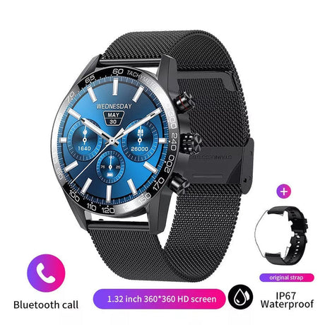 Black smartwatch with blue dial face and black metal band for daily wear.