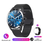 Black smartwatch with blue dial face and black metal band for daily wear.