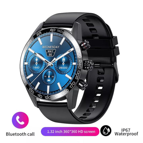Black smartwatch with blue dial and black rubber band for active users.