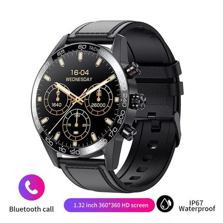 Black smartwatch with digital dial and black leather band for professional style.