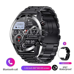 Black metal smartwatch with digital display and fitness tracking features.