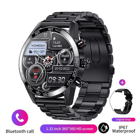 Black metal smartwatch with digital display and fitness tracking features.