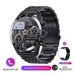 Black metal smartwatch with digital display and fitness tracking features.