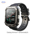 Galaxy Armor smartwatch in black with stainless steel band, indestructible build quality.
