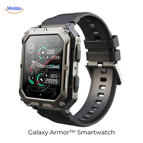 Galaxy Armor smartwatch in black with stainless steel band, indestructible build quality.