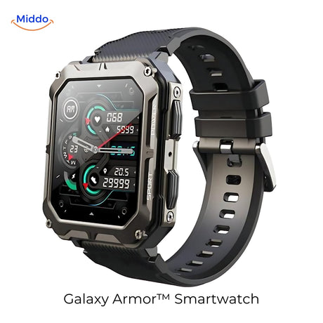 Galaxy Armor smartwatch in black with stainless steel band, indestructible build quality.