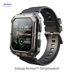 Galaxy Armor smartwatch in black with stainless steel band, indestructible build quality.