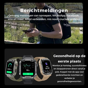 Galaxy Armor smartwatch displaying notifications and health tracking features on screen.