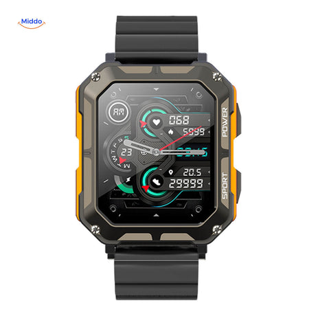 Galaxy Armor smartwatch with orange and bamboo stainless steel band, eco-friendly durable design.