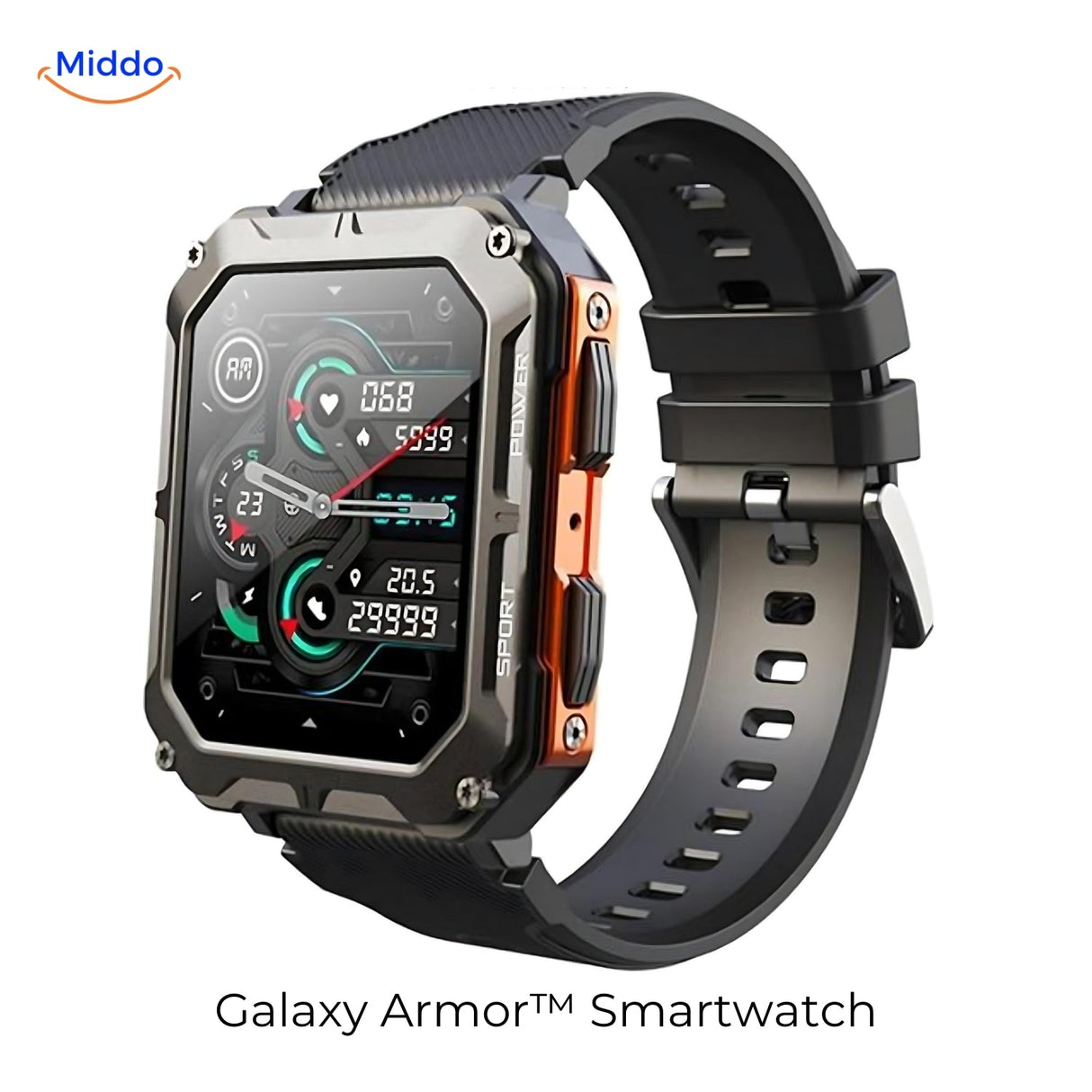 Galaxy Armor smartwatch in orange with stainless steel band, rugged construction for durability.