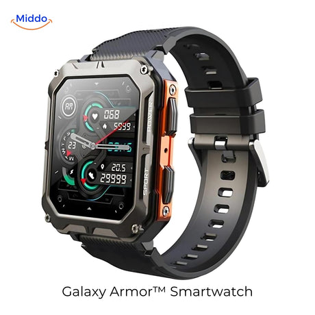 Galaxy Armor smartwatch in orange with stainless steel band, rugged construction for durability.