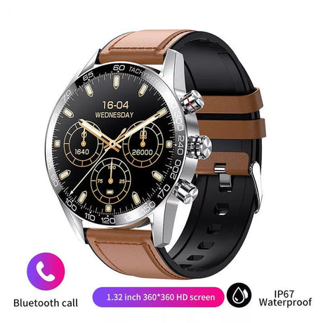 Silver smartwatch with black dial and brown leather band for elegant everyday wear.