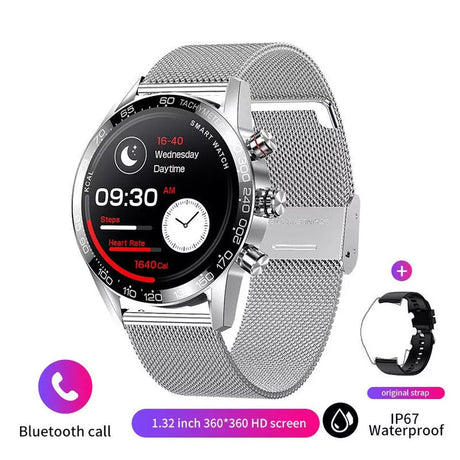 Silver smartwatch with black digital dial and matching band for health monitoring.