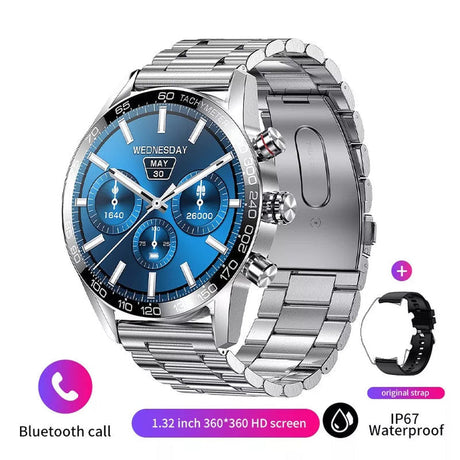 Silver smartwatch with matching metal band and blue dial for Bluetooth calling.
