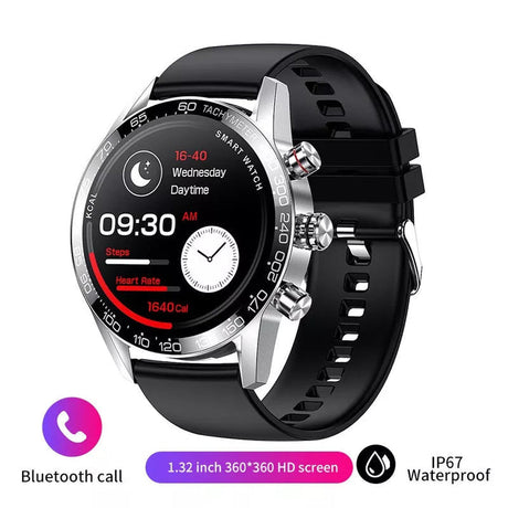 Silver smartwatch with black dial and black rubber band for fitness tracking.