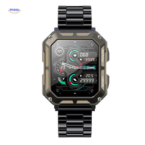Rugged smartwatch with premium black stainless steel case.