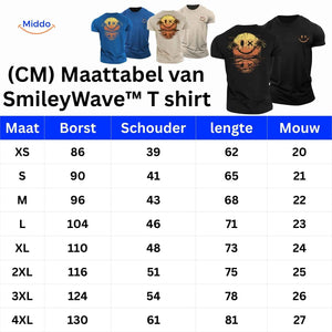 SmileyWave t-shirt size chart showing measurements and fit guide.
