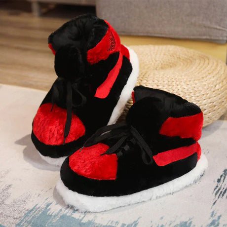 Trendy sneaker slippers in black, red, and white with anti-slip grip.