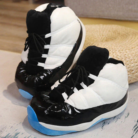 Comfortable sneaker slippers in blue, white, and black with grip sole.