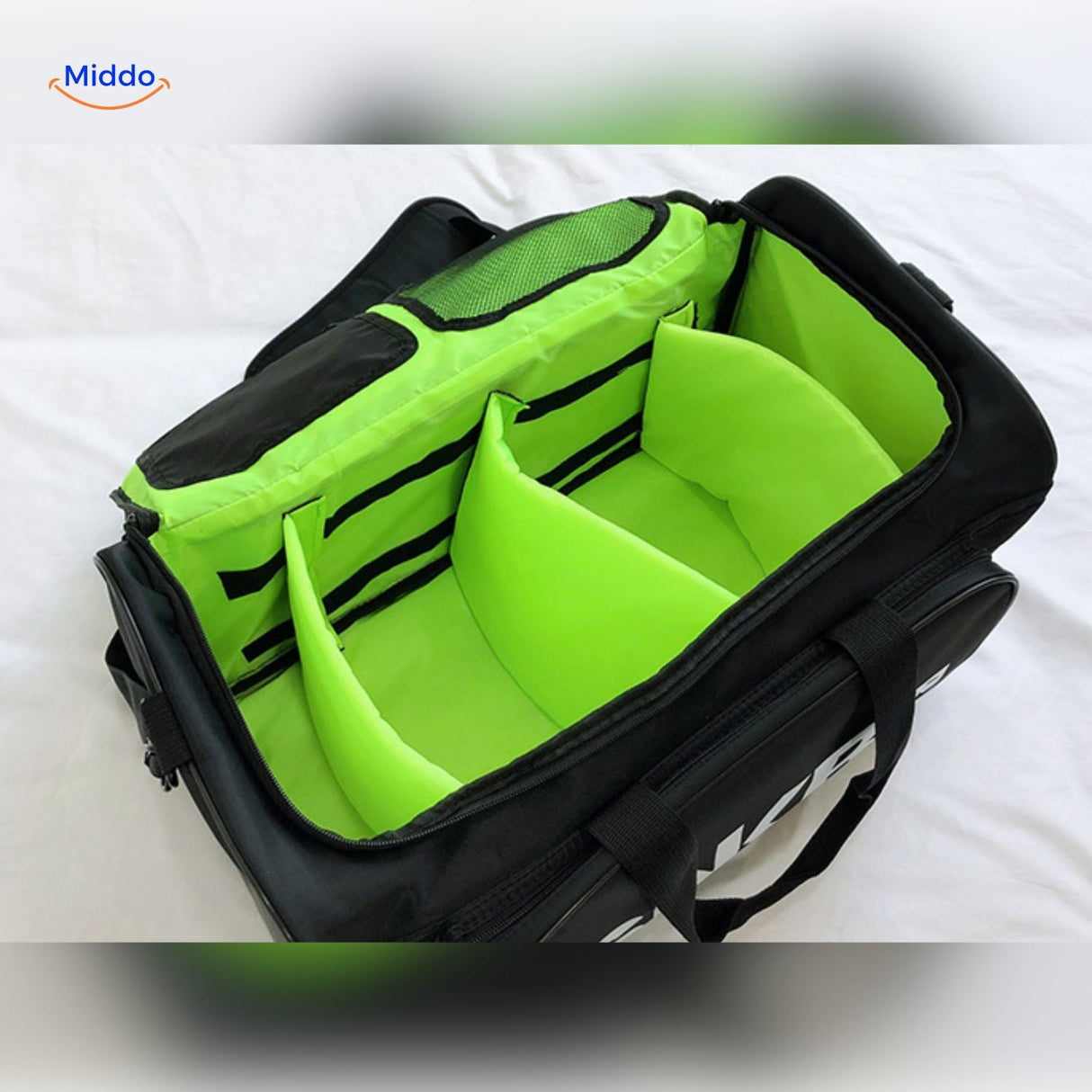 SNKRPro travel bag light green interior compartment and organization feature.