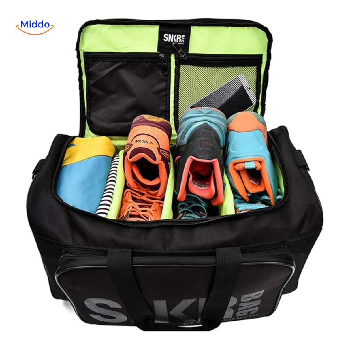 SNKRPro travel bag packed with sneakers, shoes, and clothing items.