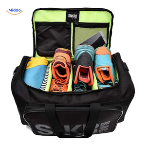 SNKRPro travel bag packed with sneakers, shoes, and clothing items.