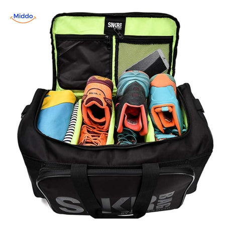 SNKRPro travel bag packed with sneakers, shoes, and clothing items.