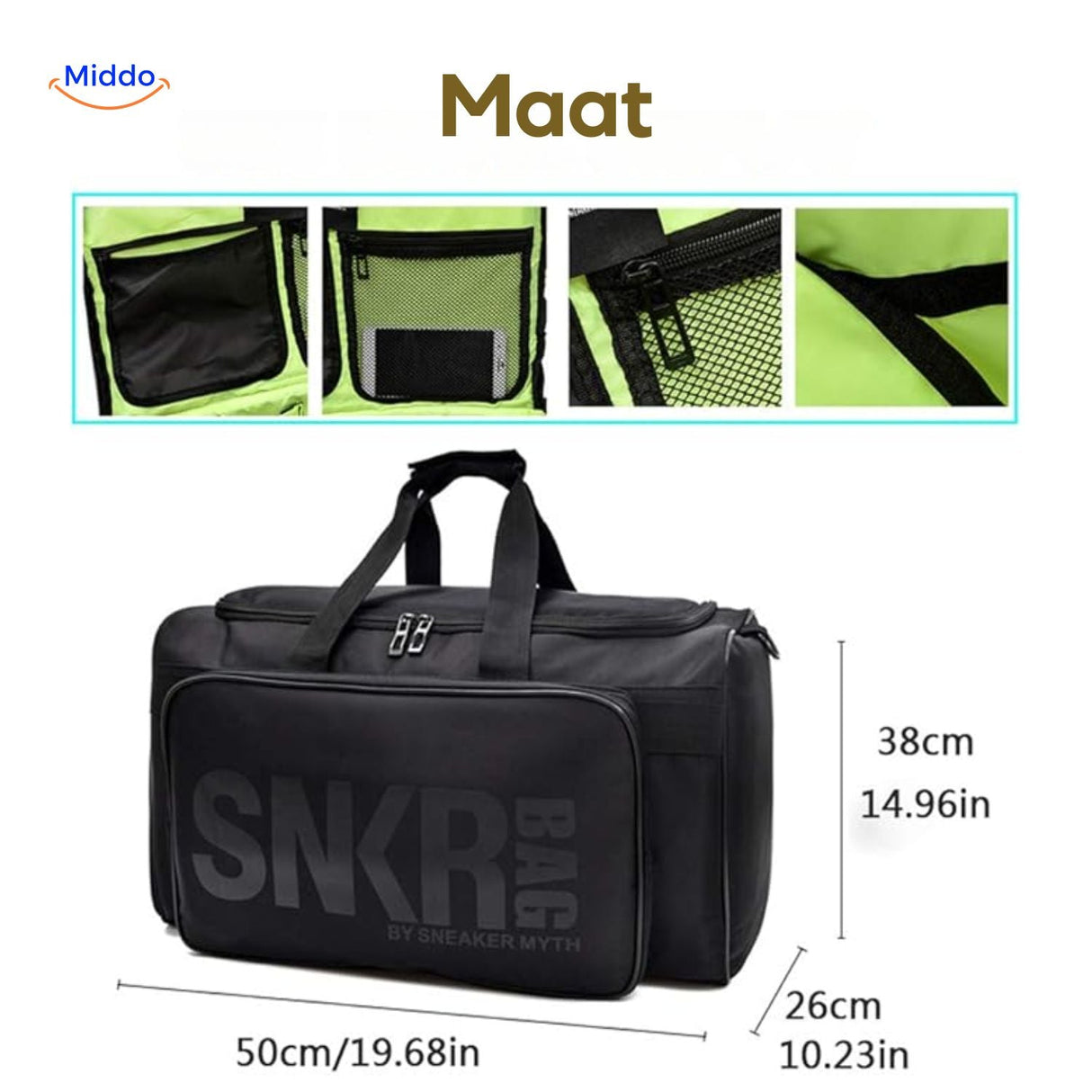 SNKRPro travel bag size chart showing dimensions and interior details.