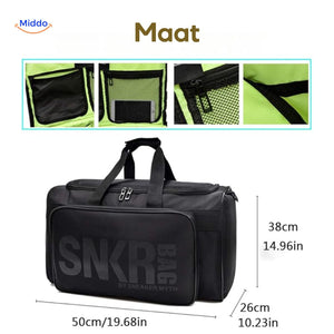 SNKRPro travel bag size chart showing dimensions and interior details.