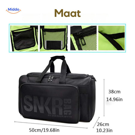 SNKRPro travel bag size chart showing dimensions and interior details.