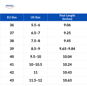 Snowboots size chart EU 36–43, US sizes and foot length in inches