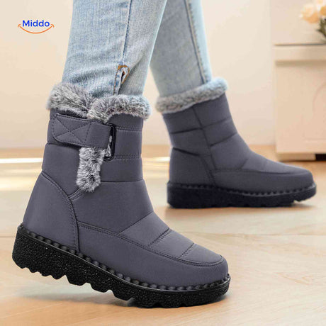 Grey SnowLuxe women's snow boots with soft lining and comfortable interior fit.