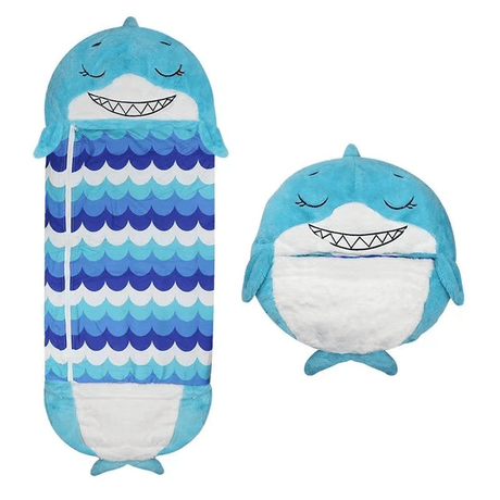 Baby Shark themed plush snuggle sleeping bag in light blue.