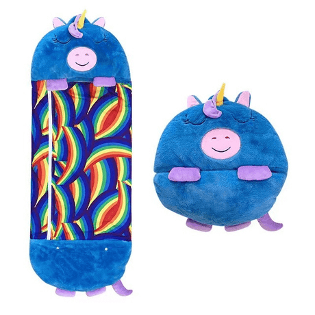 Blue unicorn plush snuggle sleeping bag soft and cozy.